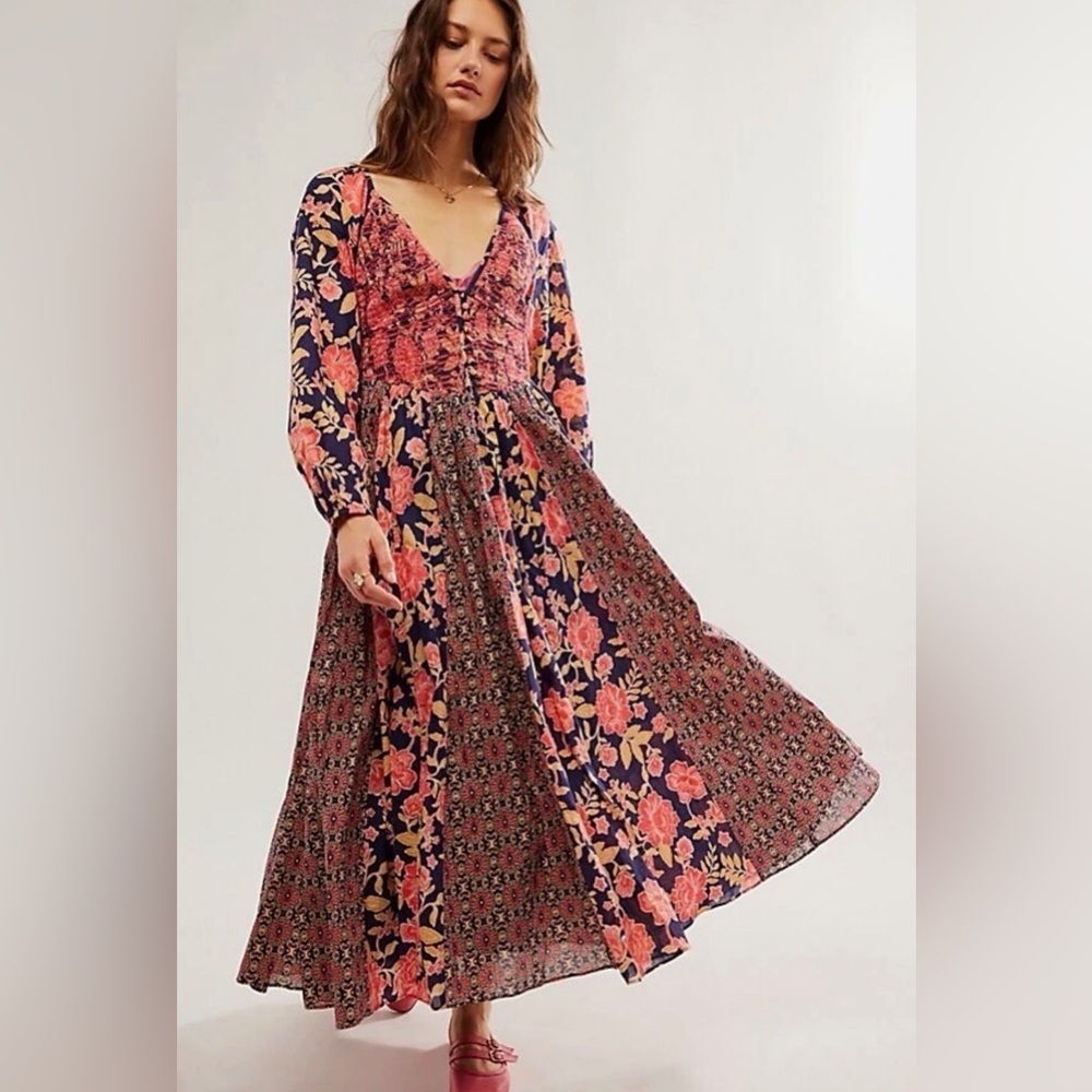 Free People “A New Way” Maxi Dress – Navy Combo – Size S 🌸